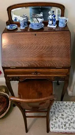 1930s or Older, Childrens Desk Flip Top with Mirrored back and Chair