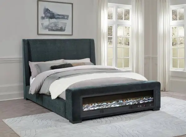 **Beautiful Queen Bed Upholstered in Soft Blue Fabric with Fun Details