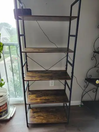 BLACK METAL BROWN WOOD SHELF 62 1/2TALL 23 1/2 WIDE