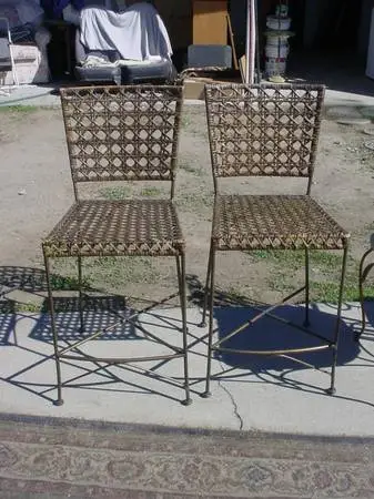 2 wicker and metal barstools