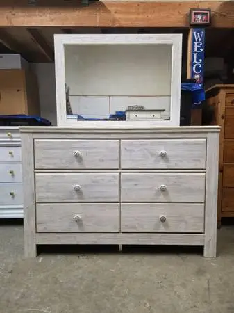 Modern Rustic Whitewash 6 Drawer Dresser with Mirror