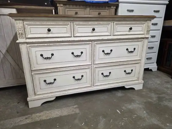 Whitewash Distressed 7 Drawer Dresser with Brown Rustic Top
