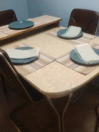 Retro Kitchen Table, Chairs, plates