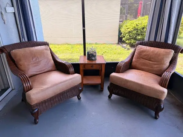 Pair Vintage Braxton Culler Rattan & Leather Lounge Chairs
