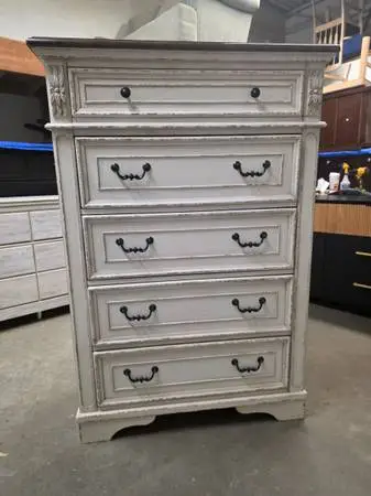 Whitewash Distressed 5 Drawer Tallboy Dresser with Brown Rustic Top