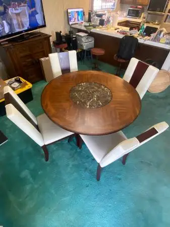 Round Wood & Iron Dining Table with Marble lazy susan inlay 4 Chairs