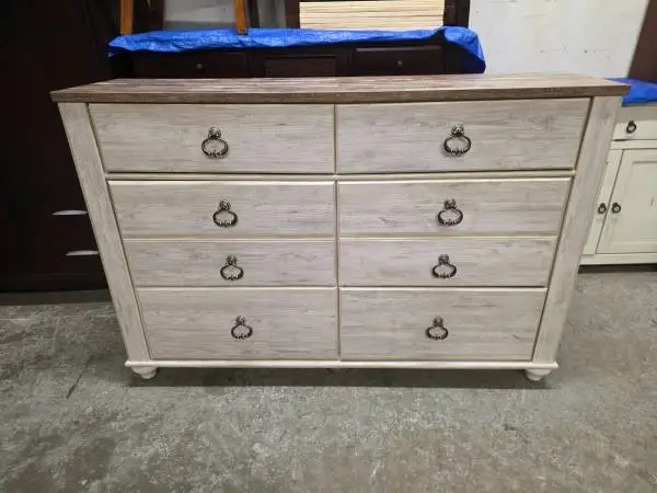 Modern Whitewash / Brown Rustic Top 6 Drawer Dresser