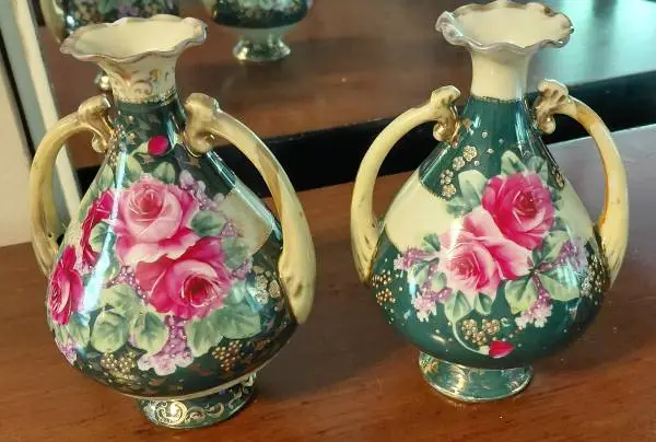 VTG Pair (2) Nippon Hand Painted Floral Vases