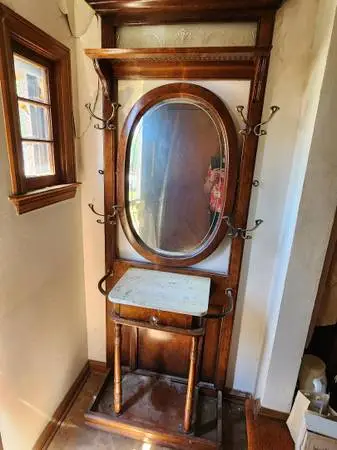 Vintage Hall Tree w/ Mirror, Marble Table, Brass Hooks, Side Storage