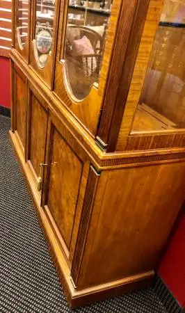 Fabulous art deco burl wood lighted display cabinet. By Portfolio