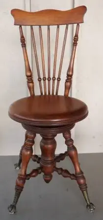 Late 1800s Walnut Wood, Height Adjustable, Rotating Piano Stool Chair
