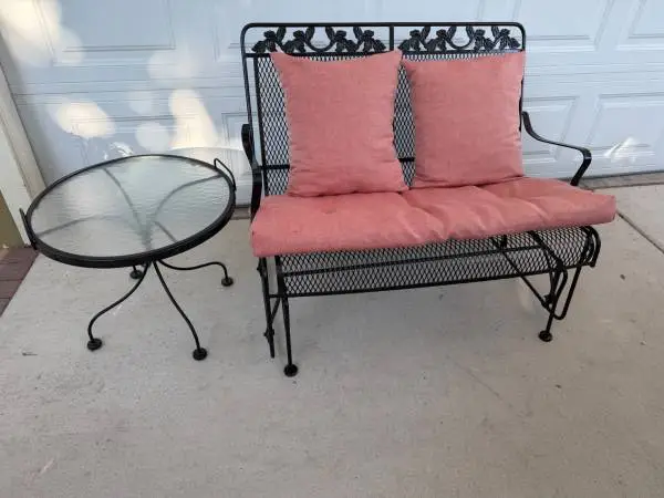 Wrought Iron Glider Bench with Side Table