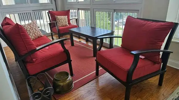 Metal patio set love seat, two chairs, coffee table (new $2700)