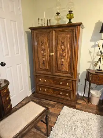 All Wood Inlaid Armoire with 4 drawer and shelves