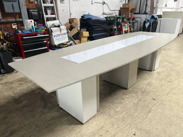 11 Feet Boat Shaped Table W/ 2 Power Modules. Ash Wood / White Glass