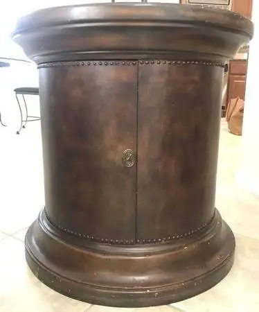 Barrel leather wood and metal bar/side table with castors and storage