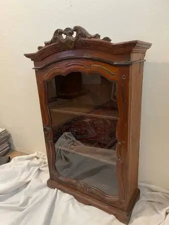 Antique teakwood French Louis XV style carved wooden display cabinet