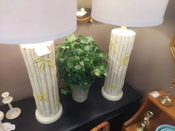 Pair of Mid Century Style Chalkware Faux Bamboo Table Lamps.
