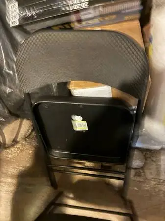 Folding chairs and two tables, folding legs, white tops, plastic
