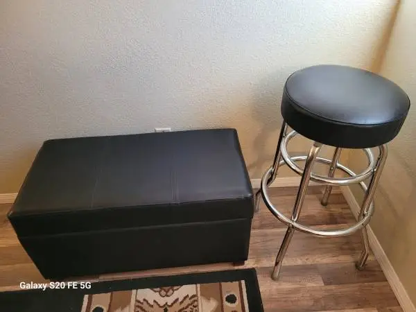 FS: black faux leather Ottoman & 3 padded stools