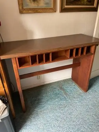 magnificent vintage 1970s wooden craft desk with storage cubbies