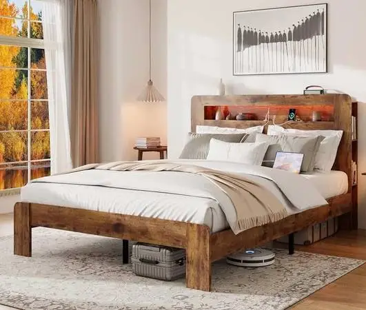 Wood Platform Bed Frame with Illuminated Headboard, Charging Station