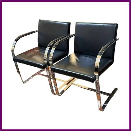 Brueton Cantilever Leather + Chrome Chairs, Pair