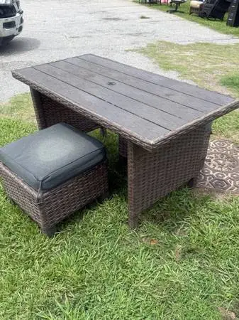 3-Piece Outdoor Wicker Patio Set – Table & 2 Cushioned Stools