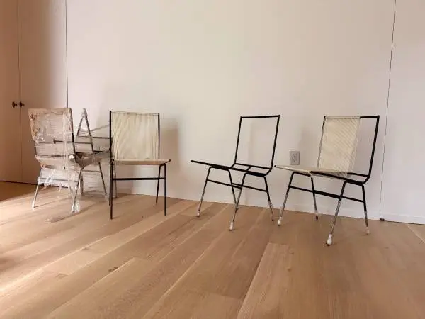 Pair of Allan Gould String Chairs, Woven Cord and Black Iron, USA, c.