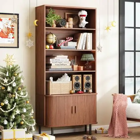 71 Tall Bookshelf With Storage Cabinet, walnut bookcases