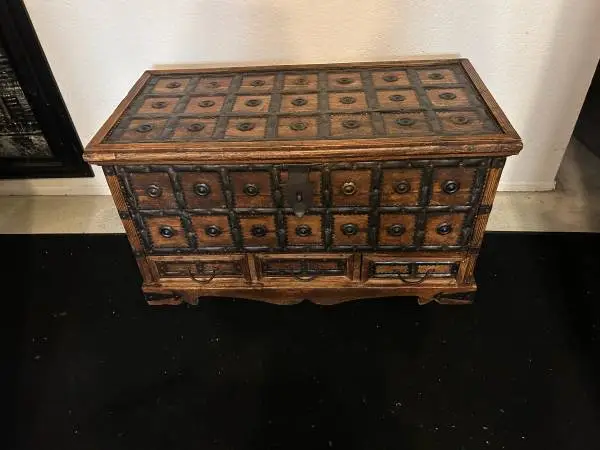 PRISTINE HIGH-QUALITY, RARE WALNUT CHEST WITH METAL DECOR CAN DELIVER LOCAL IF N