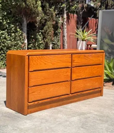 Postmodern Mid Century Vintage Oak 6 Drawer Lowboy Dresser