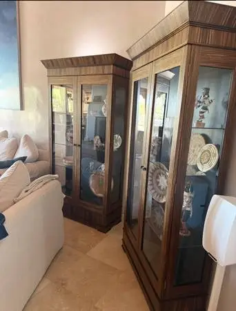 Two display cases hardwood and glass shelves