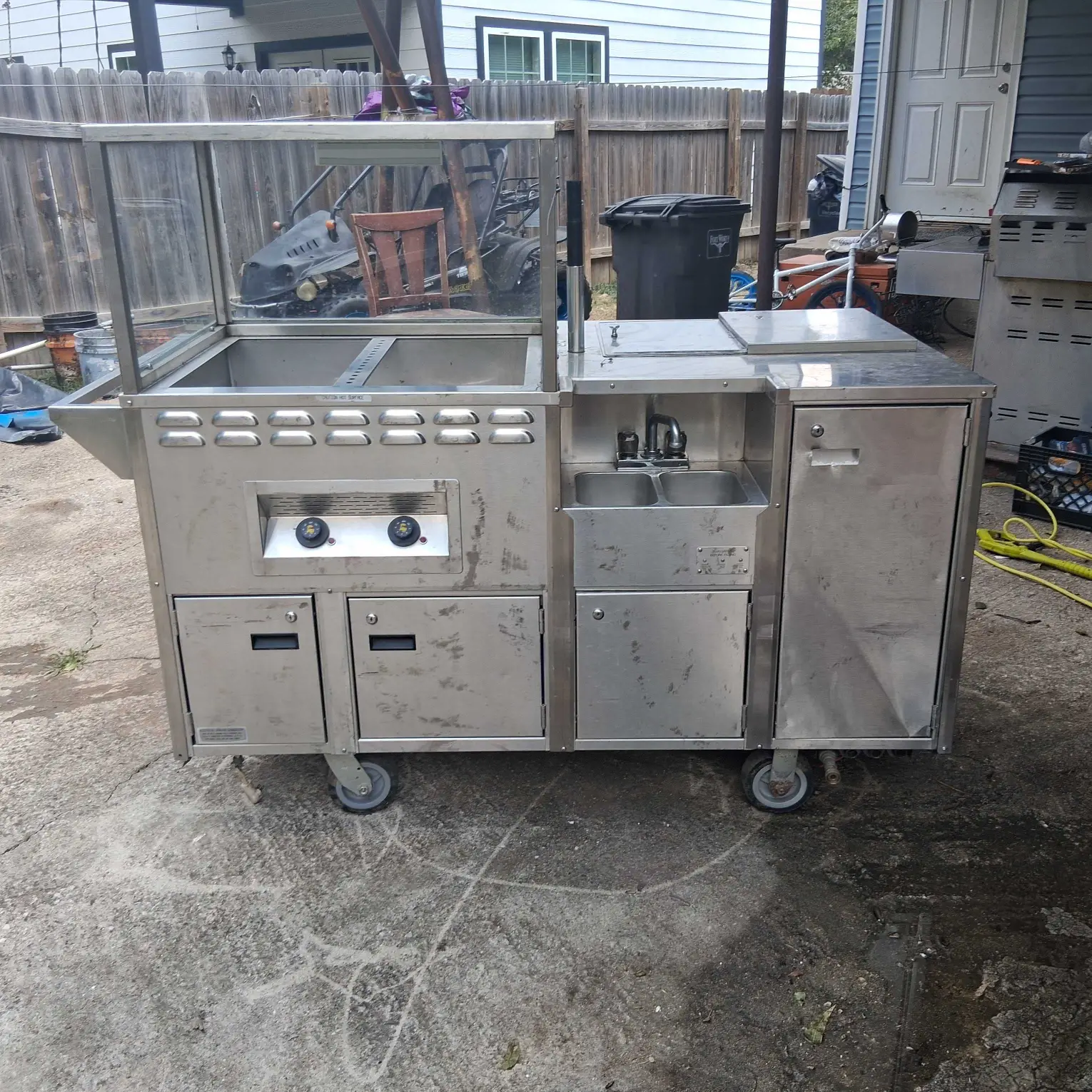 Stainless Steel Mobile Hot Dog Cart with Sink and Burners