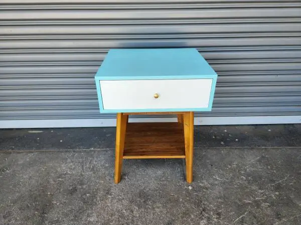 night stand walnut and white and blue, one drawer