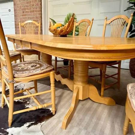 Made in Slovenia | Vintage Solid Wood Double Pedestal Dining Table w/ 2 Butterfl