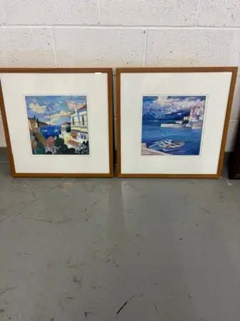 Set of 2 colorful framed matted coastal pictures