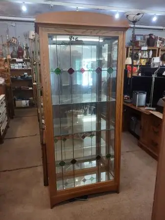 Beautiful Golden Oak All Glass Mirrored Curio -Real Oak -Stained Glass