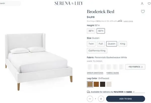 Queen bed with tall headboard from Serena and Lily, like-new