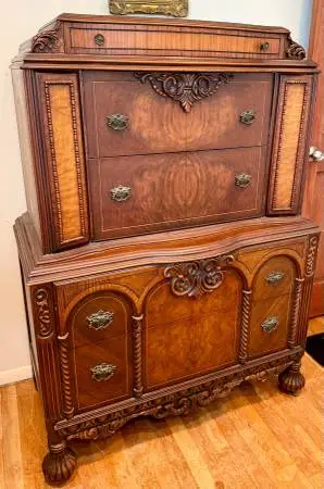 Depression Era Tall Mahogany 5 Drawer Dresser on Casters