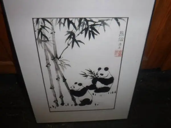 Oriental Print of Panda Bears Framed Under Glass