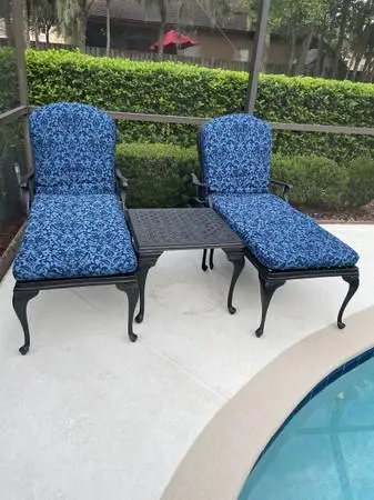 Beautiful Pair of Chaise Lounge Chairs & Matching Table