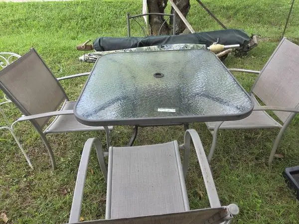 Glass patio Table with Chairs and Umbrella
