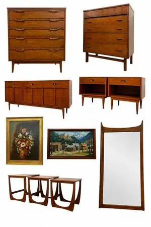 Vintage Mid Century Modern Credenza Dresser Sofa Table Rug Desk Art Painting (Bi