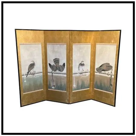 Japanese Gilded Screen With Tethered Hawks
