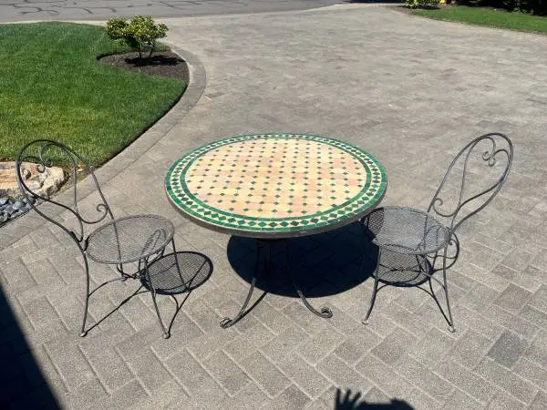 TWO TILE PATIO TABLES AND CHAIRS  -- PRICE REDUCTION