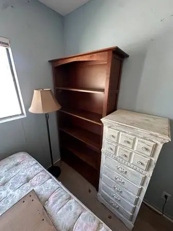 lamp, bookshelf, dresser