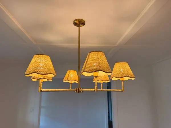 6 Light Brushed Gold Chandelier with Scalloped Rattan Shades