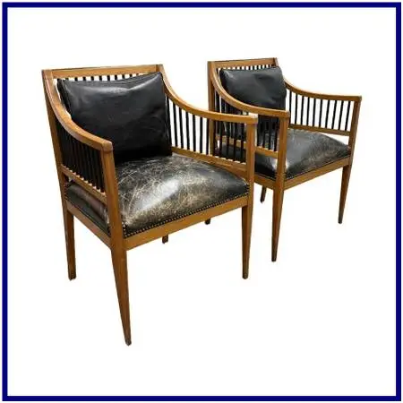 Austrian Biedermeier Cherry Wood + Leather Arm Chairs, Pair. Estimated