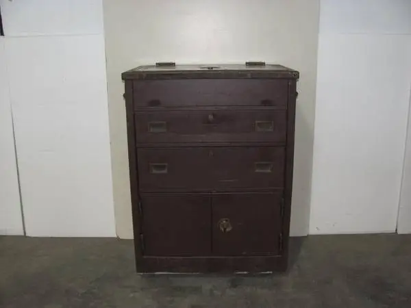 Vintage antique Stanley rolling metal medical tool cabinet on wheels